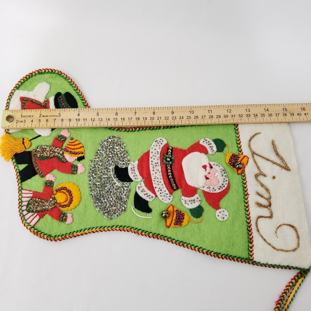 Vintage Creative Moments Jeweled Christmas Stocking "Happy Santa" 17 in Complete - Picture 8 of 9
